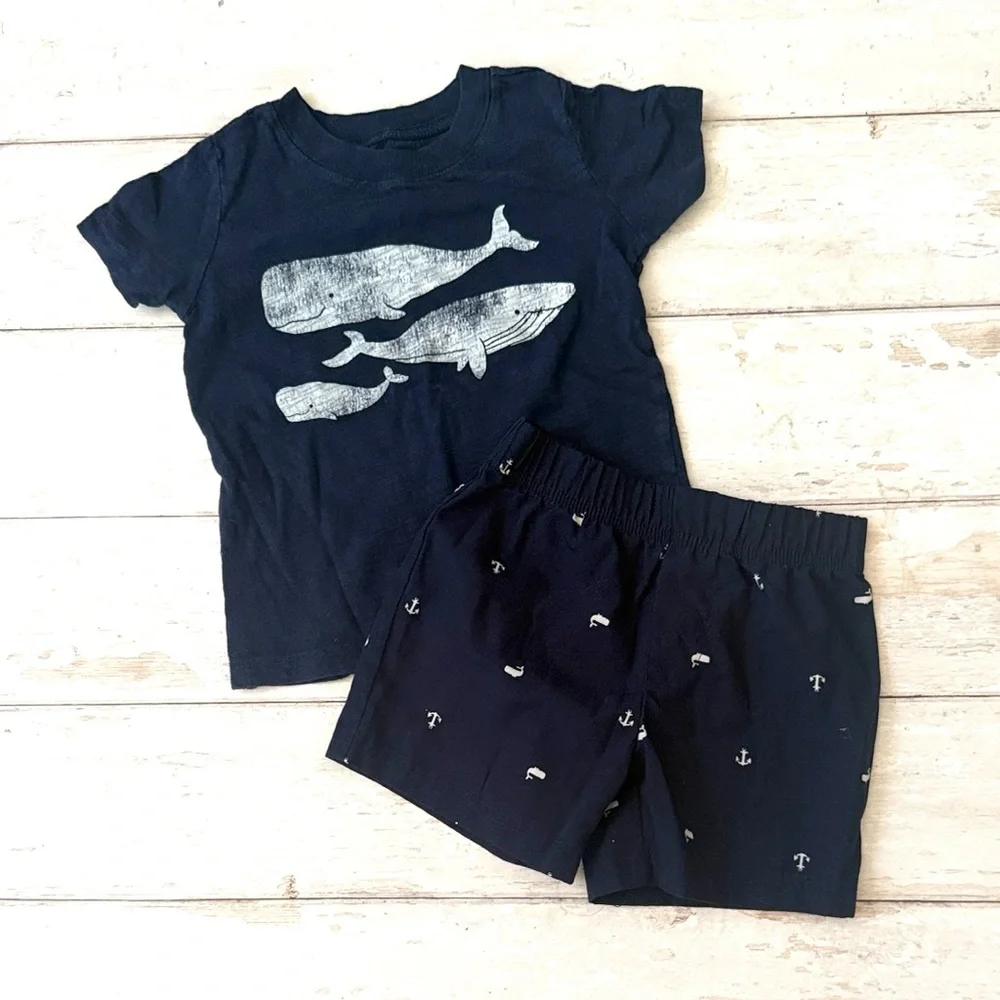 Carters 18m Boys Baby Toddler Navy Blue Whale Print Outfit Set Shorts Shirt Kids